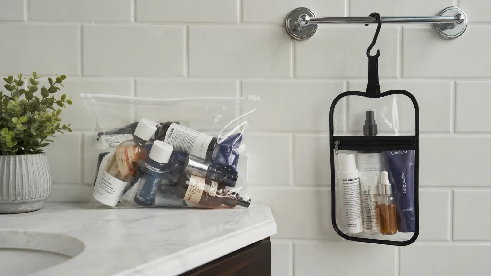 Side-by-side comparison of a hanging toiletry bag and a flat ziplock pouch on a bathroom counter, showing the space difference