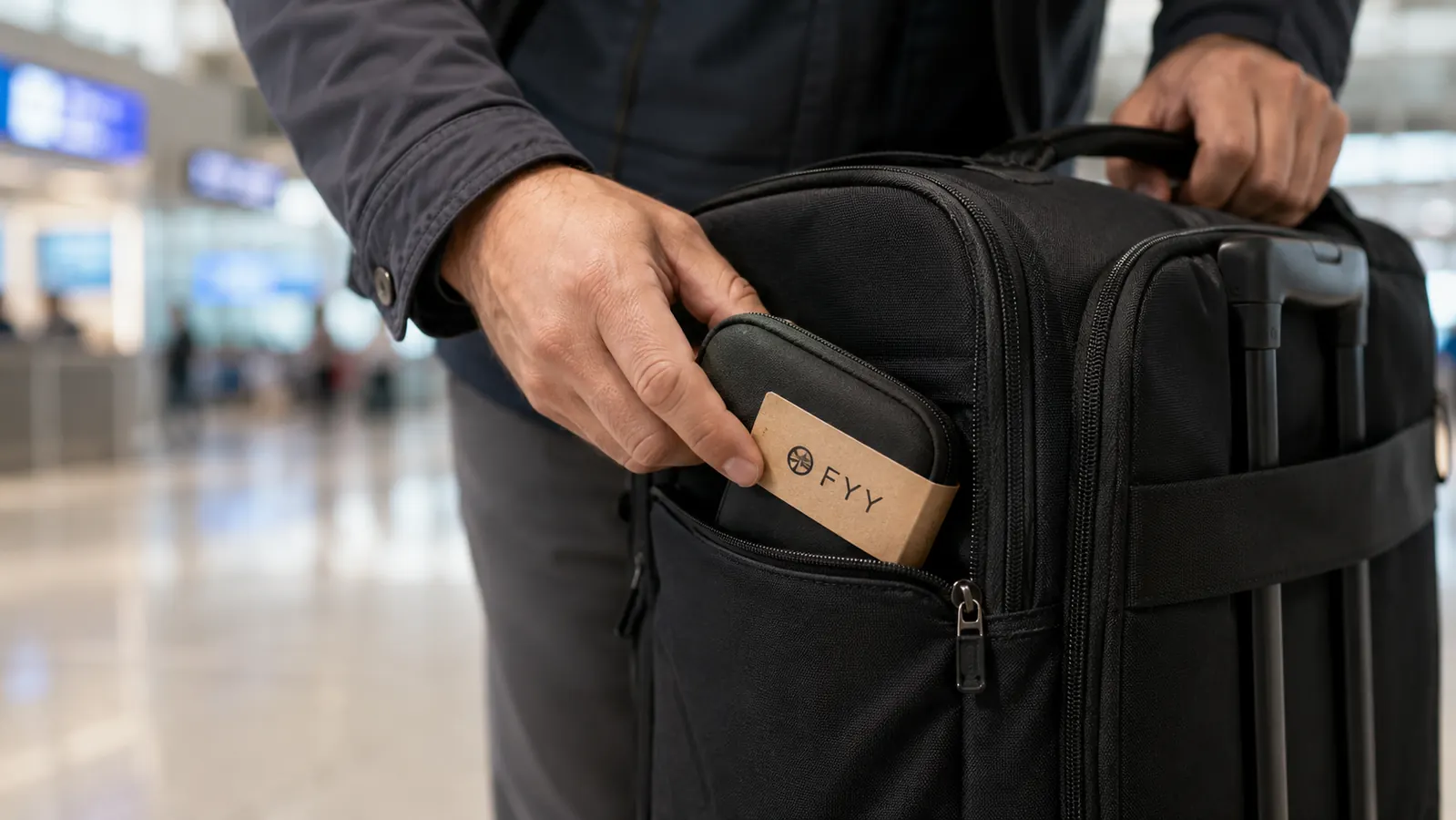 Traveler pulling the FYY cable organizer pouch from a carry-on bag side pocket