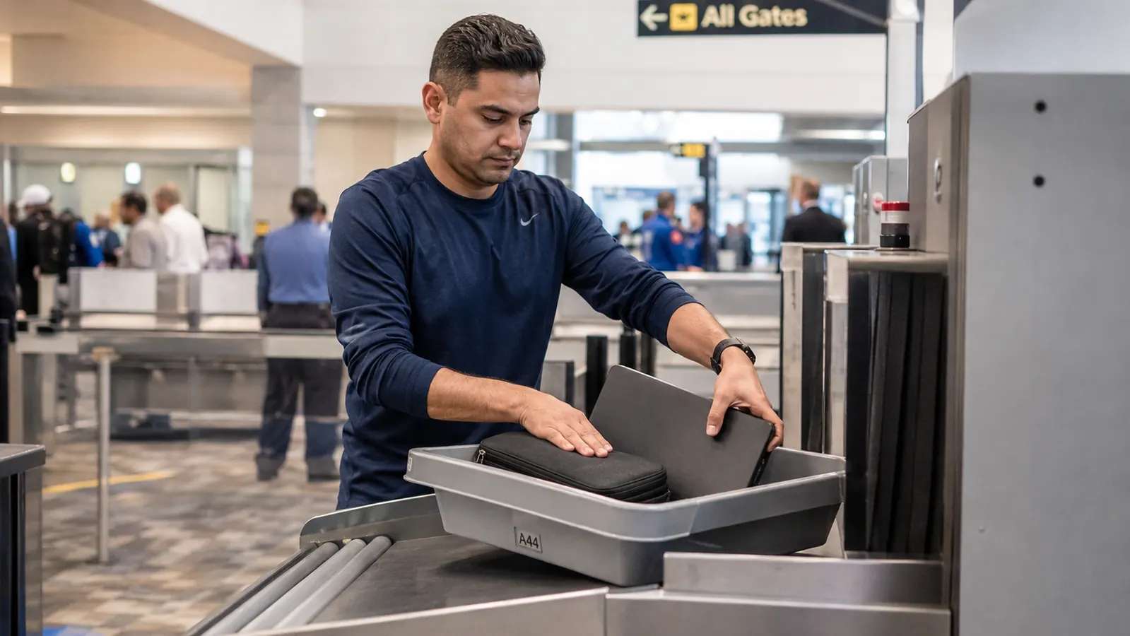 Traveler at TSA security placing a small cable pouch in the bin separately from a laptop
