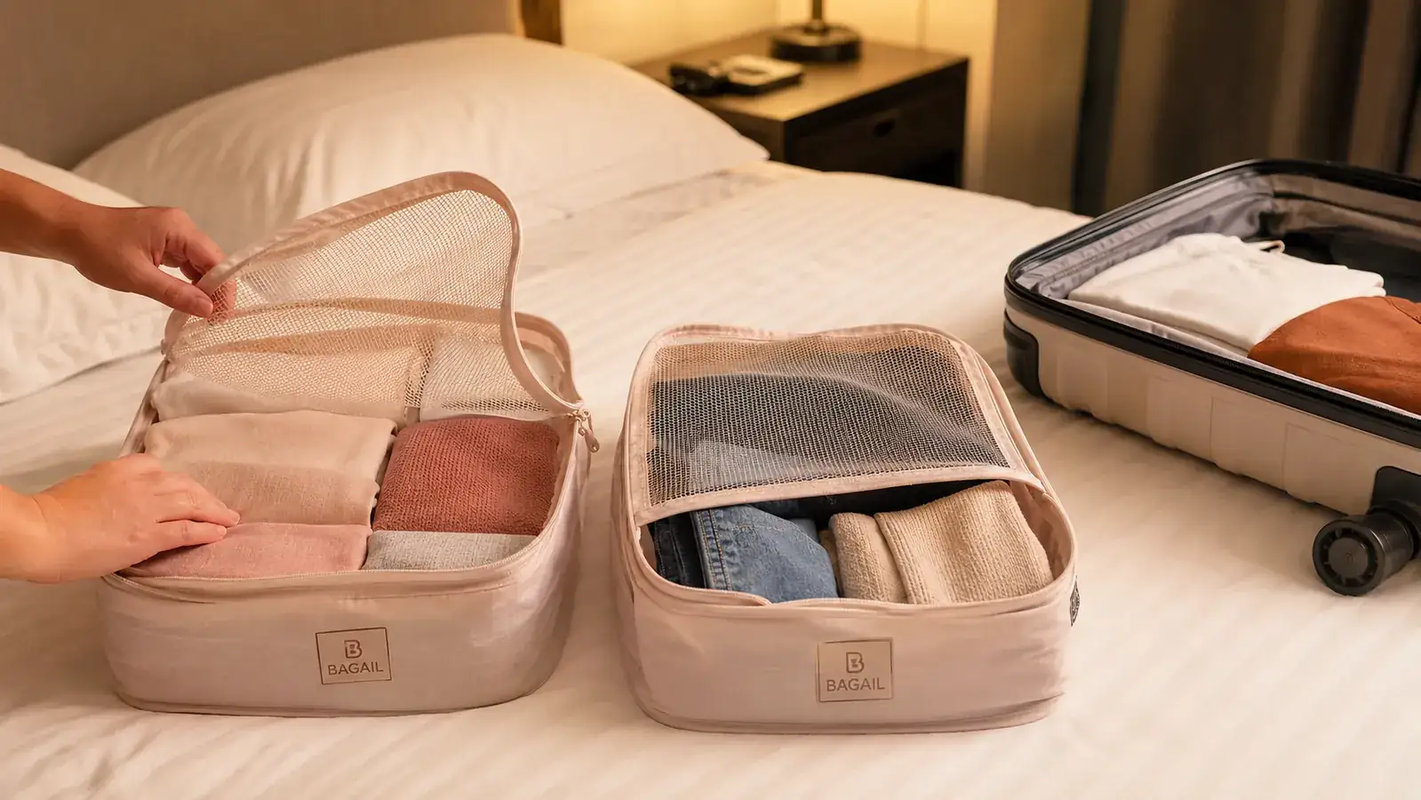 BAGAIL compression packing cubes laid out next to a neatly packed carry-on suitcase on a bed