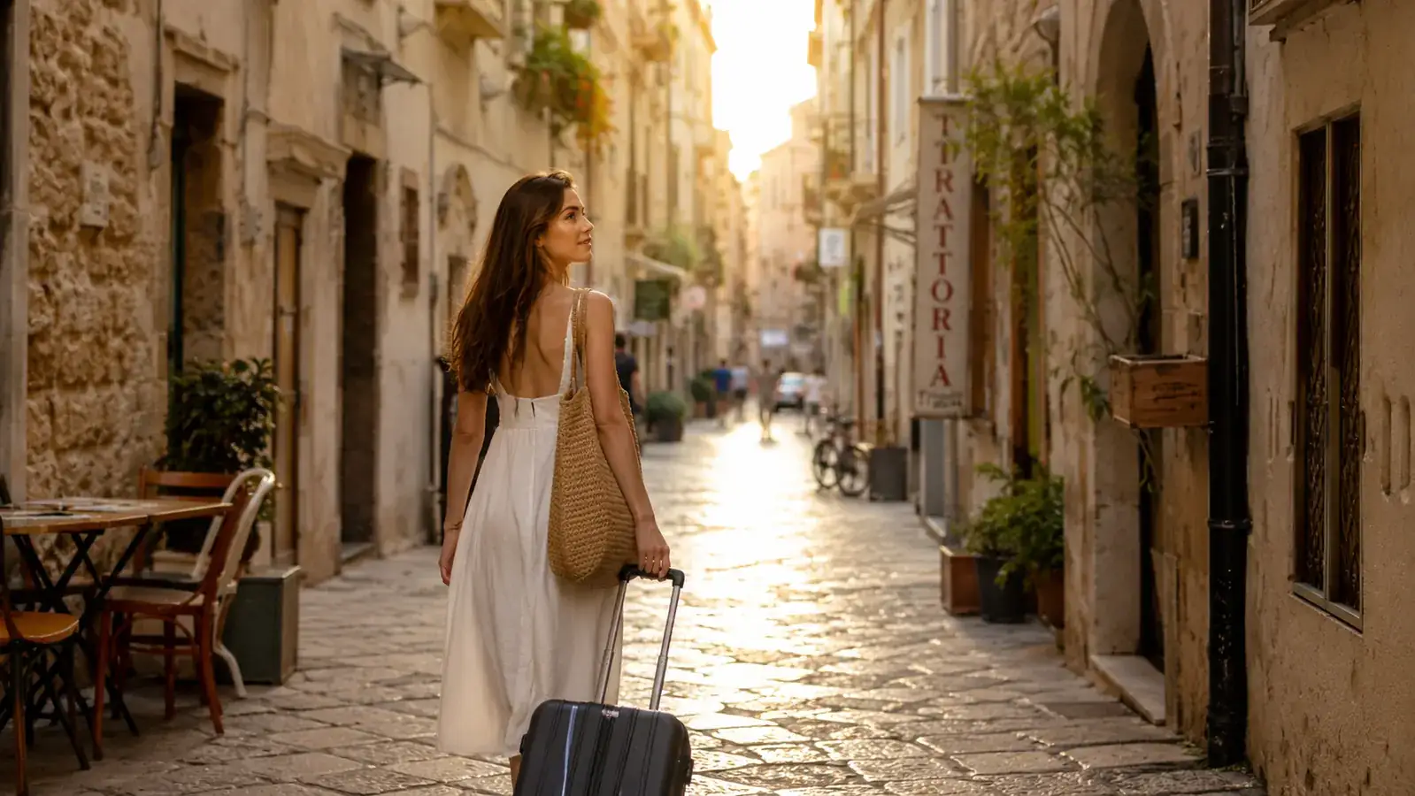 Traveler walking through a narrow European alleyway pulling a small carry-on bag with ease