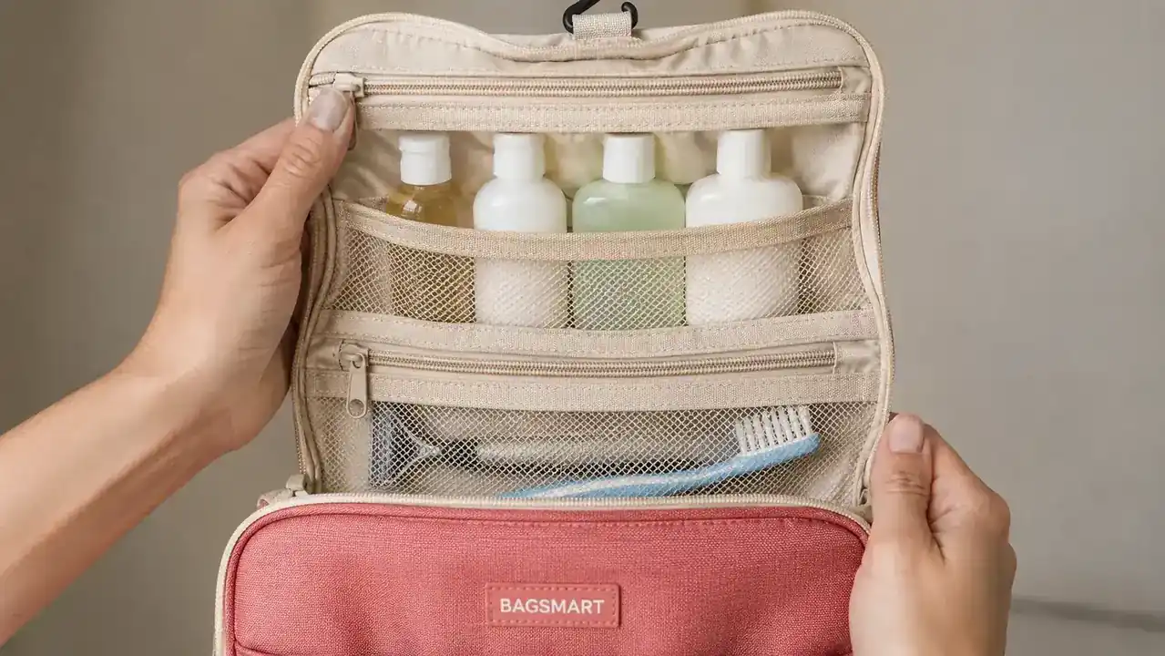 Hands holding an open hanging toiletry bag showing organized pockets with travel-size bottles and accessories