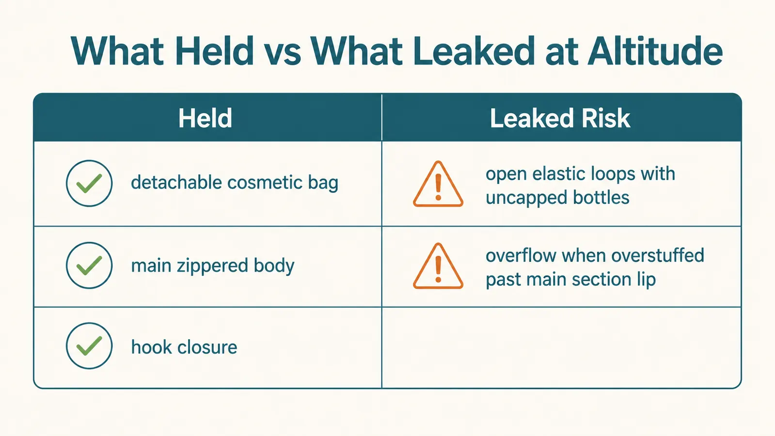 Chart comparing which compartments of a hanging toiletry bag held versus leaked under cabin pressure, with green and red indicators