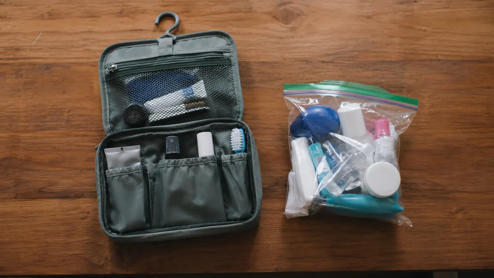 Side-by-side flat lay comparing the BAGSMART bag contents laid out versus packed inside a quart ziplock bag
