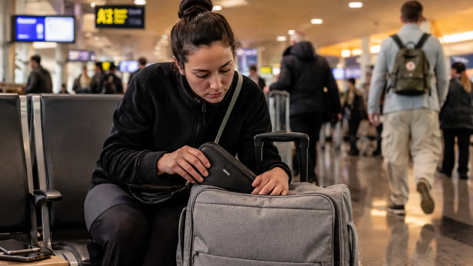 Traveler sliding a compact cable organizer pouch into the front pocket of a carry-on bag at an airport gate