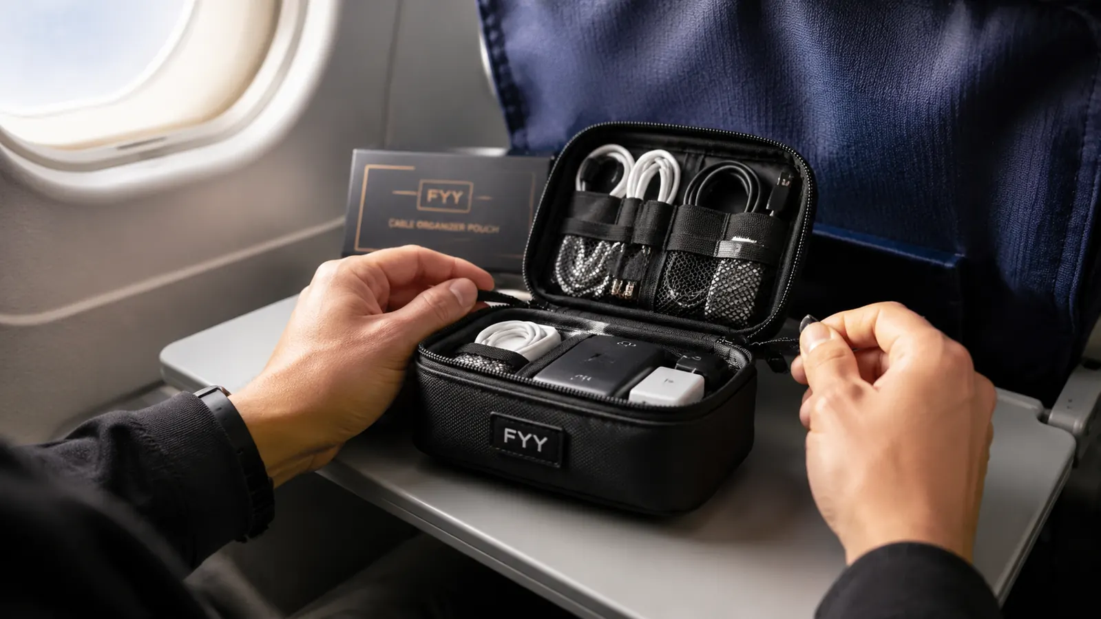 Hands unzipping the FYY cable organizer pouch on an airplane tray table, exposing two layers of organized cords and adapters