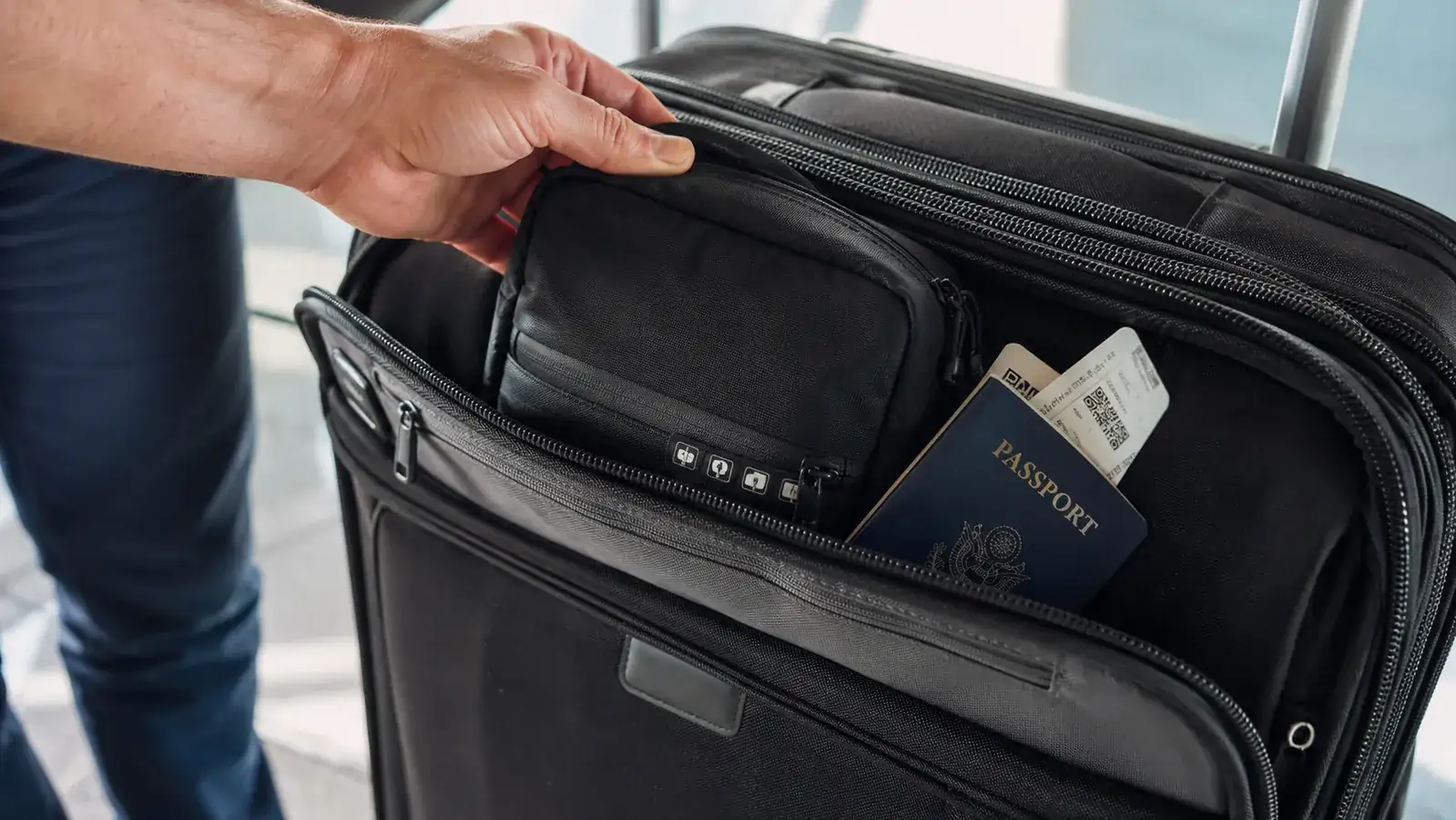 FYY cable organizer pouch tucked into the top pocket of a carry-on bag ready for a flight, showing how flat it packs alongside a passport and boarding pass