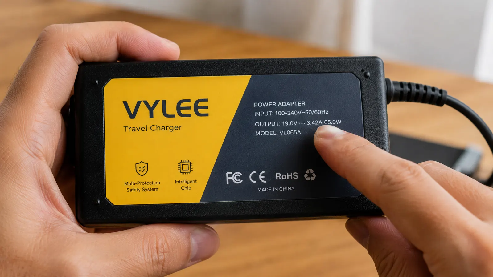 Voltage label on the bottom of a laptop power brick showing 100-240V input indicating dual voltage compatibility