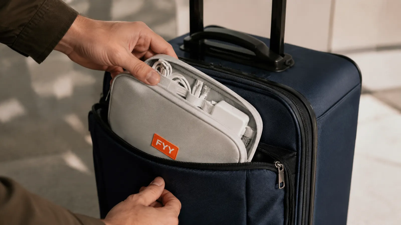 Cable organizer pouch tucked into the front pocket of a carry-on suitcase, zipper partially open showing organized cables inside