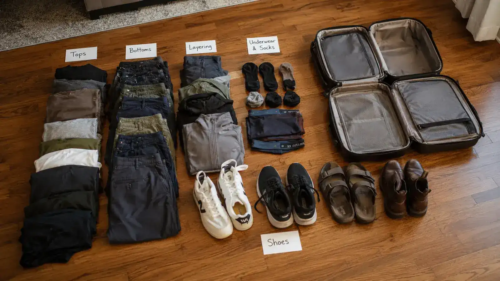 Flat-lay packing list showing clothes sorted into labeled groups beside compression cubes