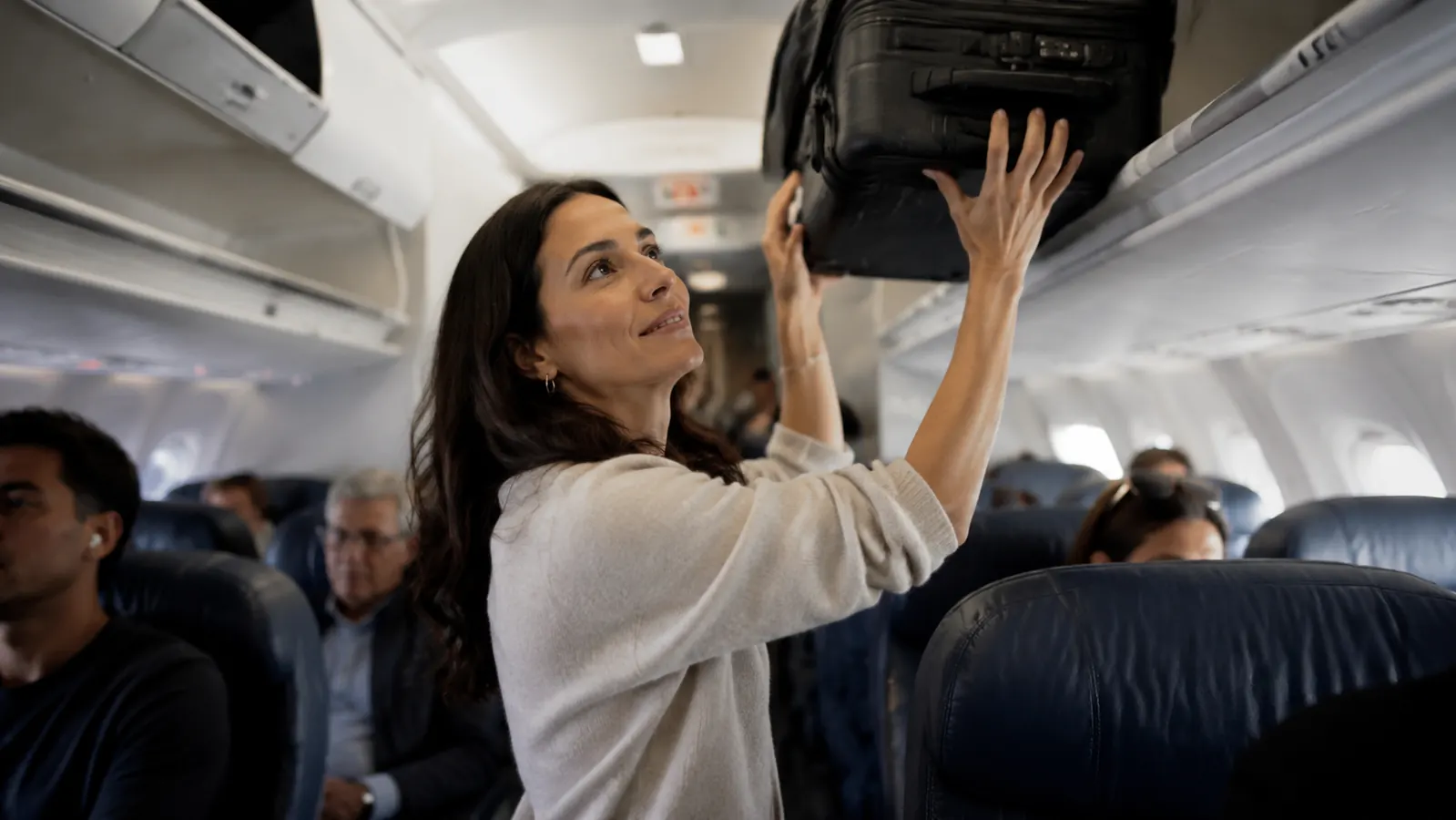 Traveler lifting a single carry-on bag from the overhead bin on an airplane