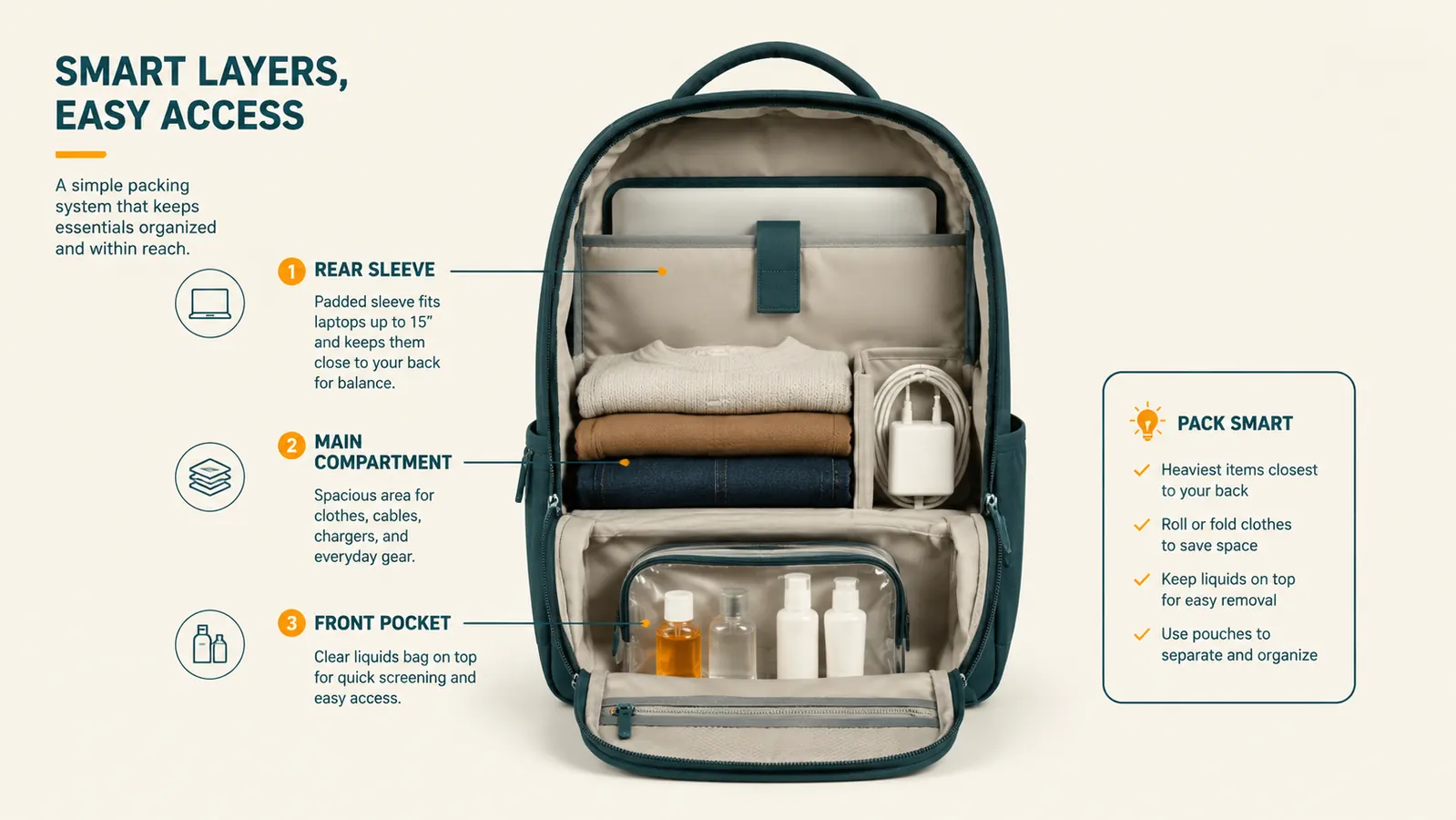 Diagram showing correct packing order for a TSA-friendly backpack: liquids bag on top, laptop in rear sleeve, cables in front pocket