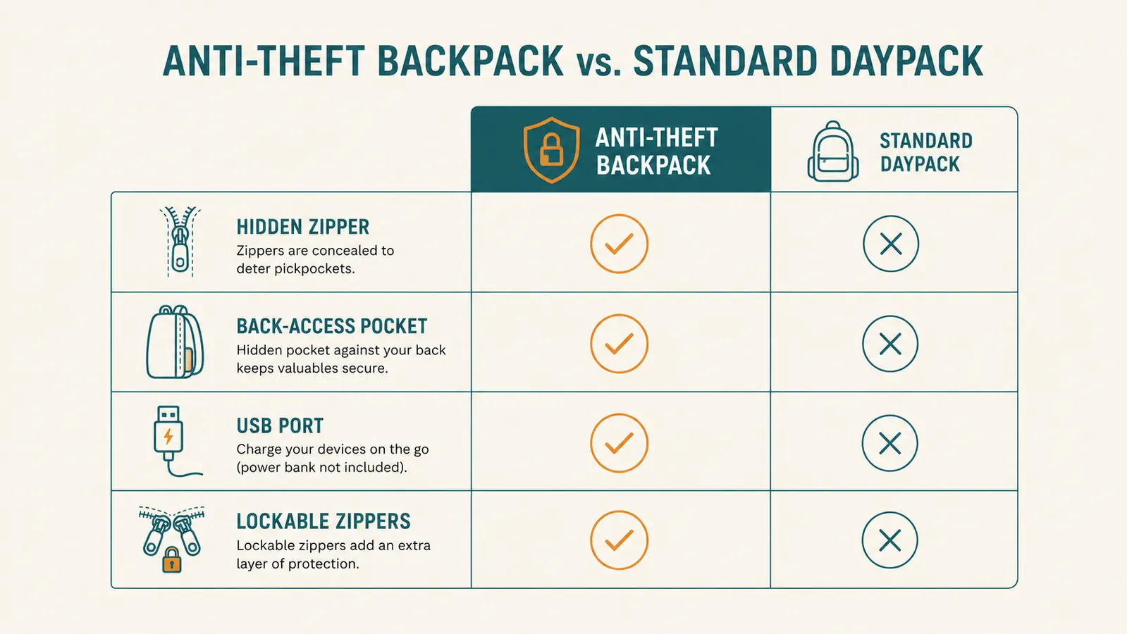 Chart comparing MATEIN backpack compartments and anti-theft features to a standard daypack