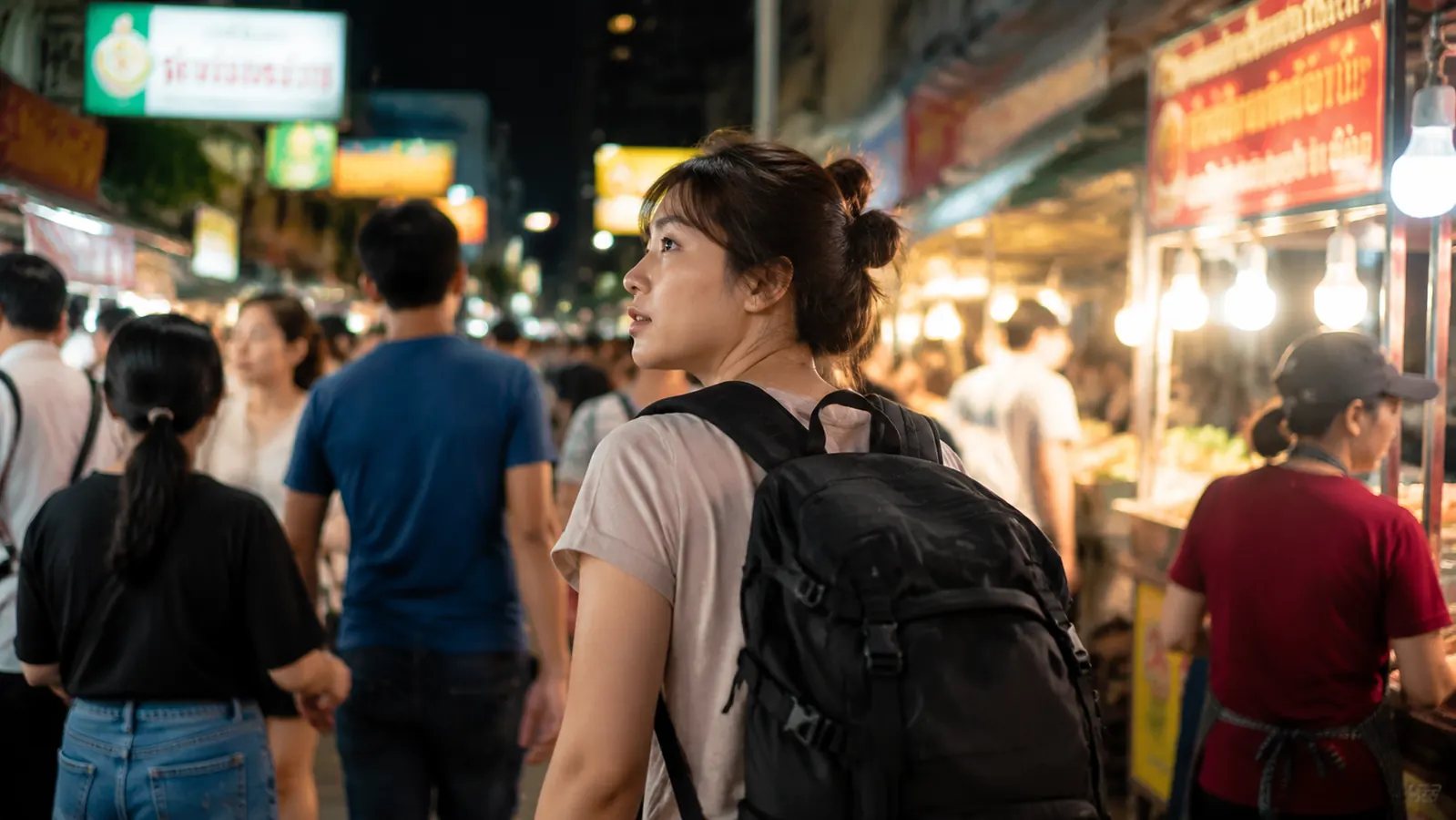 Traveler wearing the MATEIN backpack at a busy Asian night market