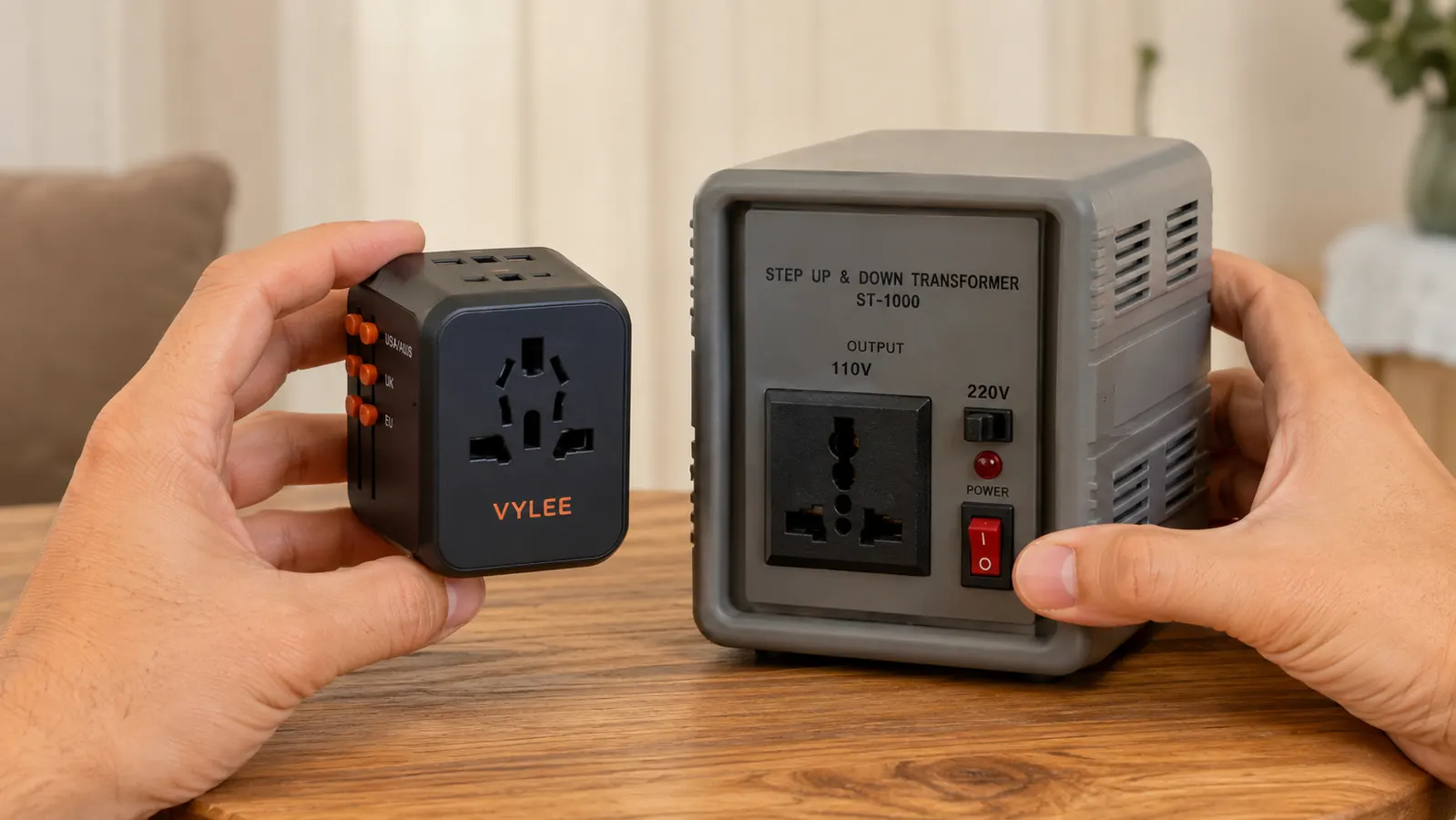 Side-by-side of a slim travel adapter and a bulky voltage converter to show size difference