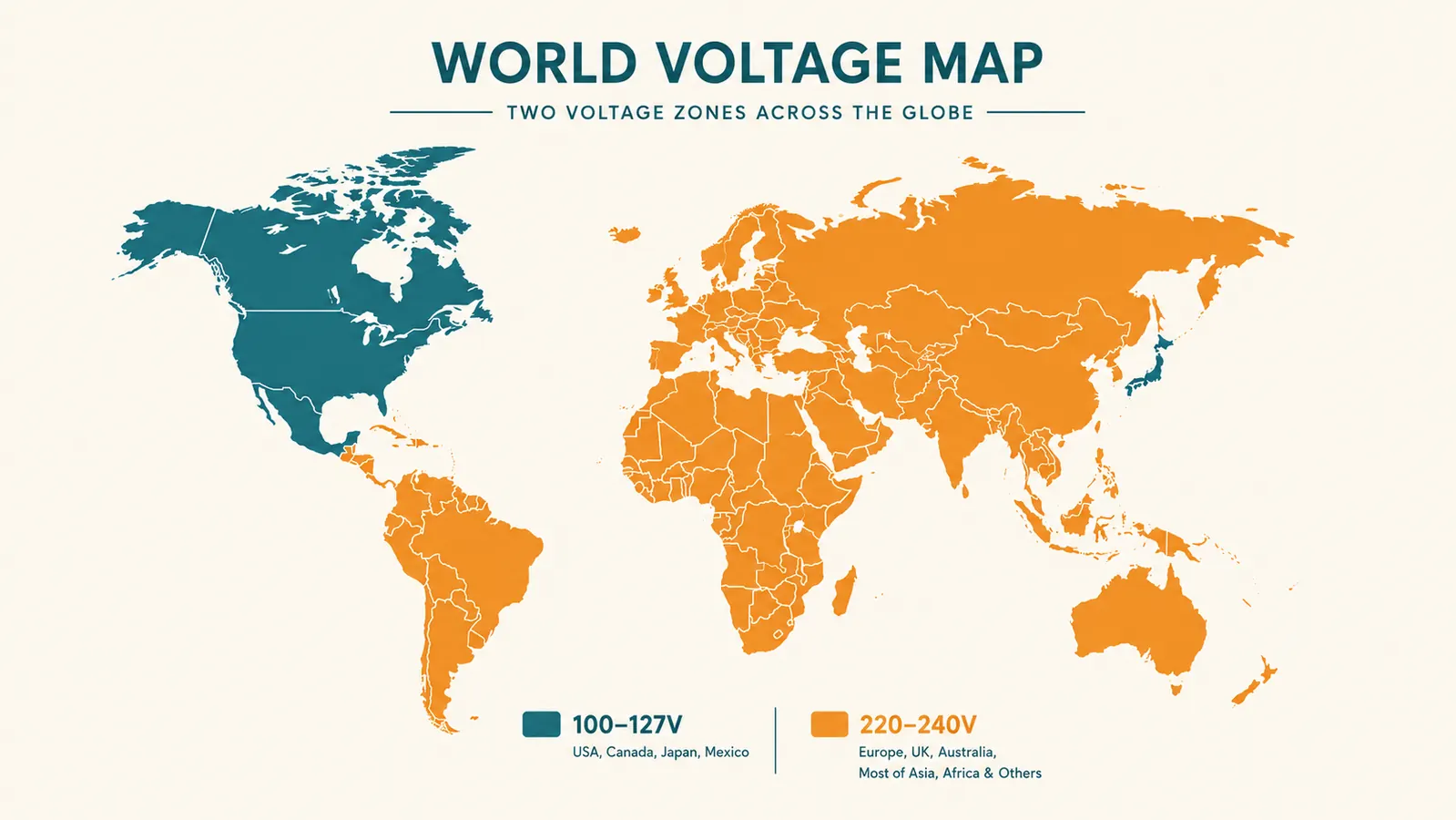 Chart showing world voltage zones: 100-127V countries in blue, 220-240V countries in orange